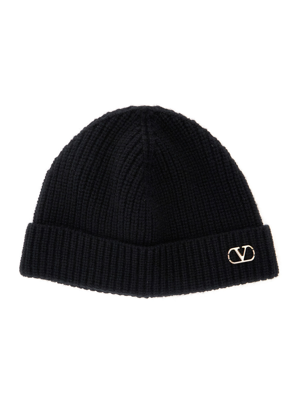 Valentino Garavani Men Black Knit Beanie With Vlogo On The Front In Cashmere Man