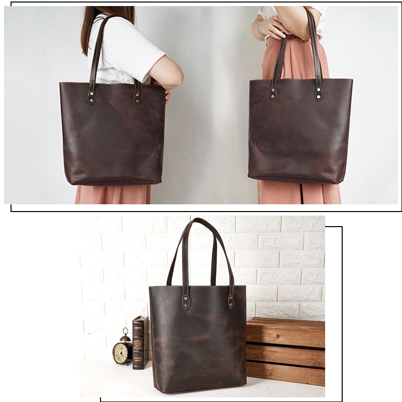 Full Grain Crazy Horse Leather Shoulder Bag Vintage Style Handbag Large Capacity Women Everyday Tote