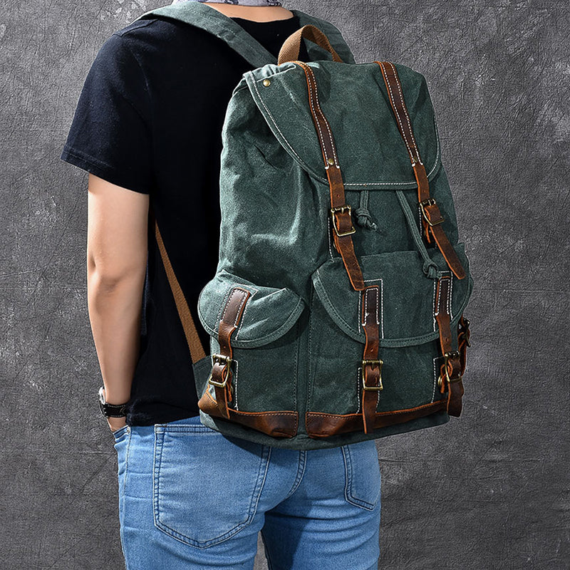 Waxed Canvas With Leather Backpack Vintage Large Capacity Backpack Travel Backpack