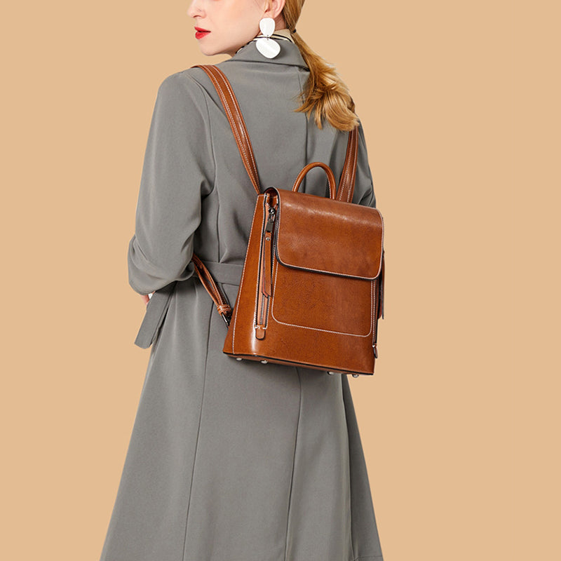 Top Grain Leather Women Backpack Retro Style Leather Rucksack Leather Shoulder Bag For Women