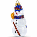 Snowman Wearing Blue Hat and Plaid Scarf with Broom Glass Christmas Ornament