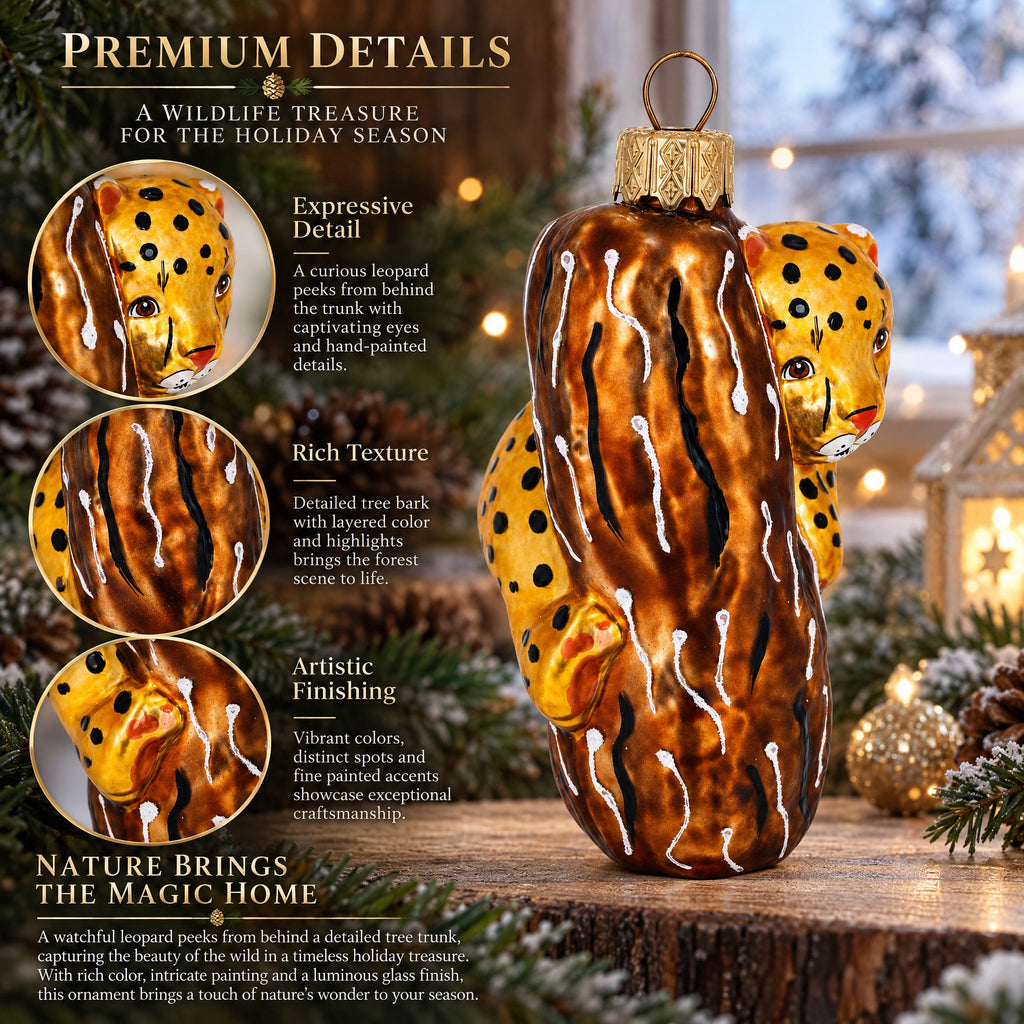 Spotted Leopard Cub Climbing Tree Glass Christmas Ornament