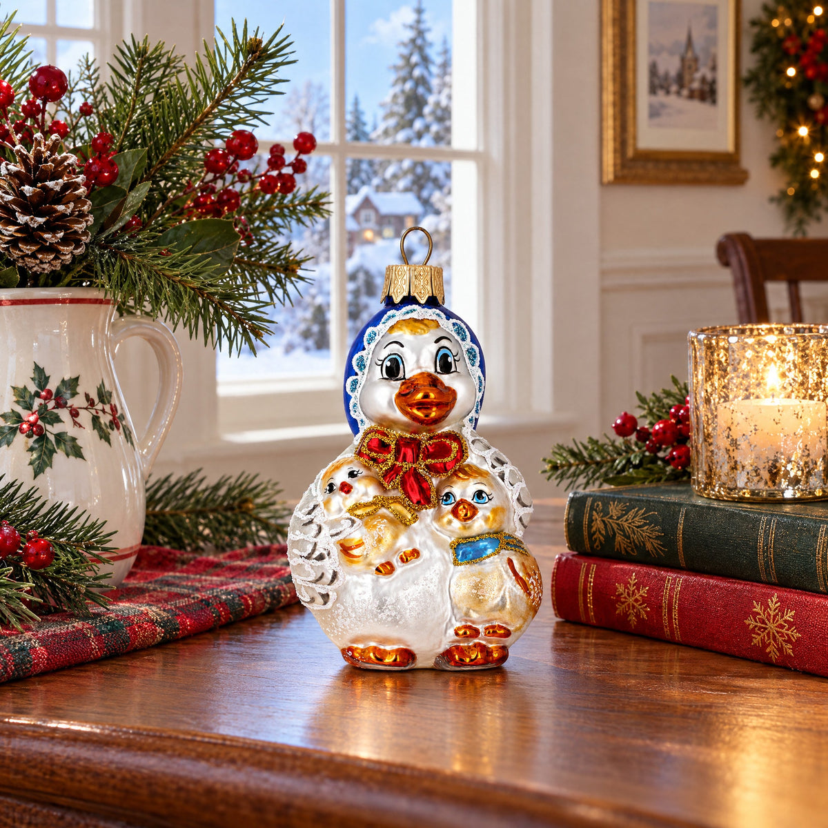 Mother Goose with Ducklings Glass Christmas Ornament