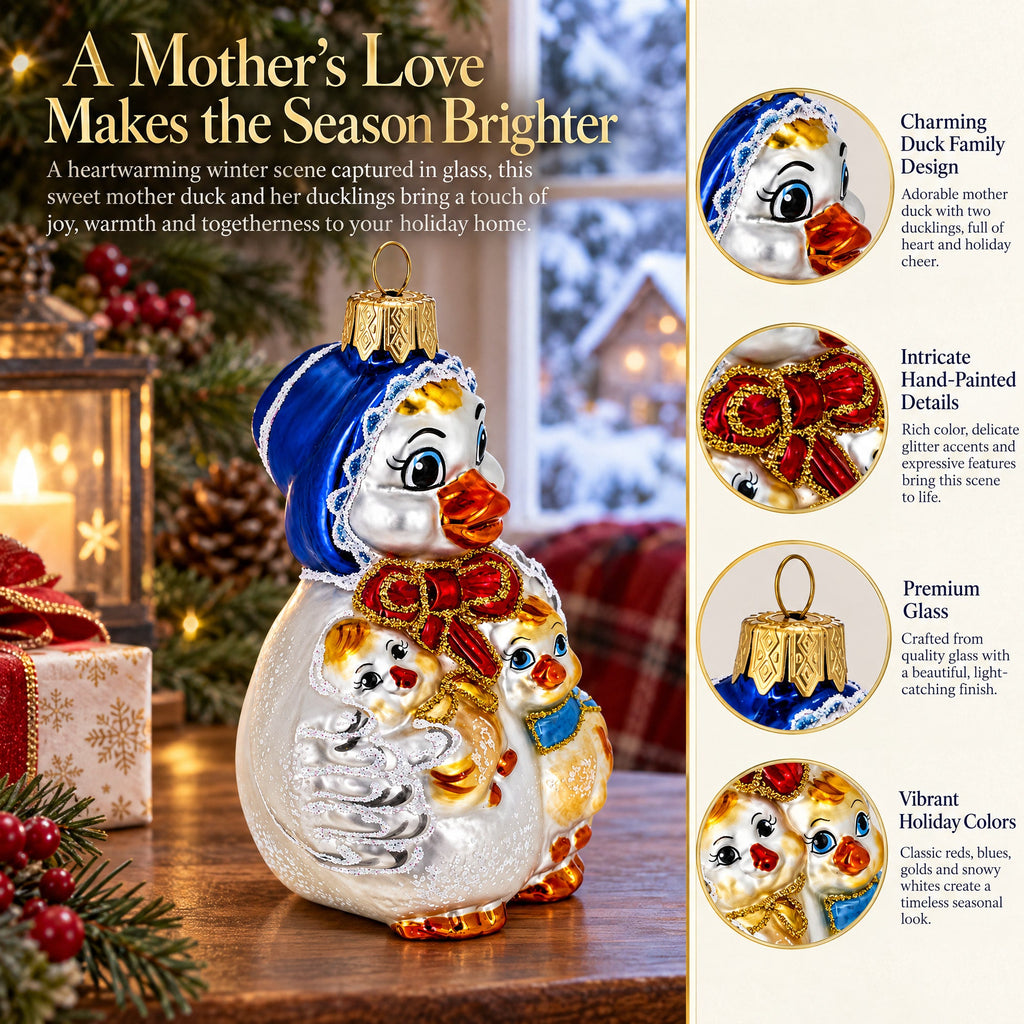 Mother Goose with Ducklings Glass Christmas Ornament