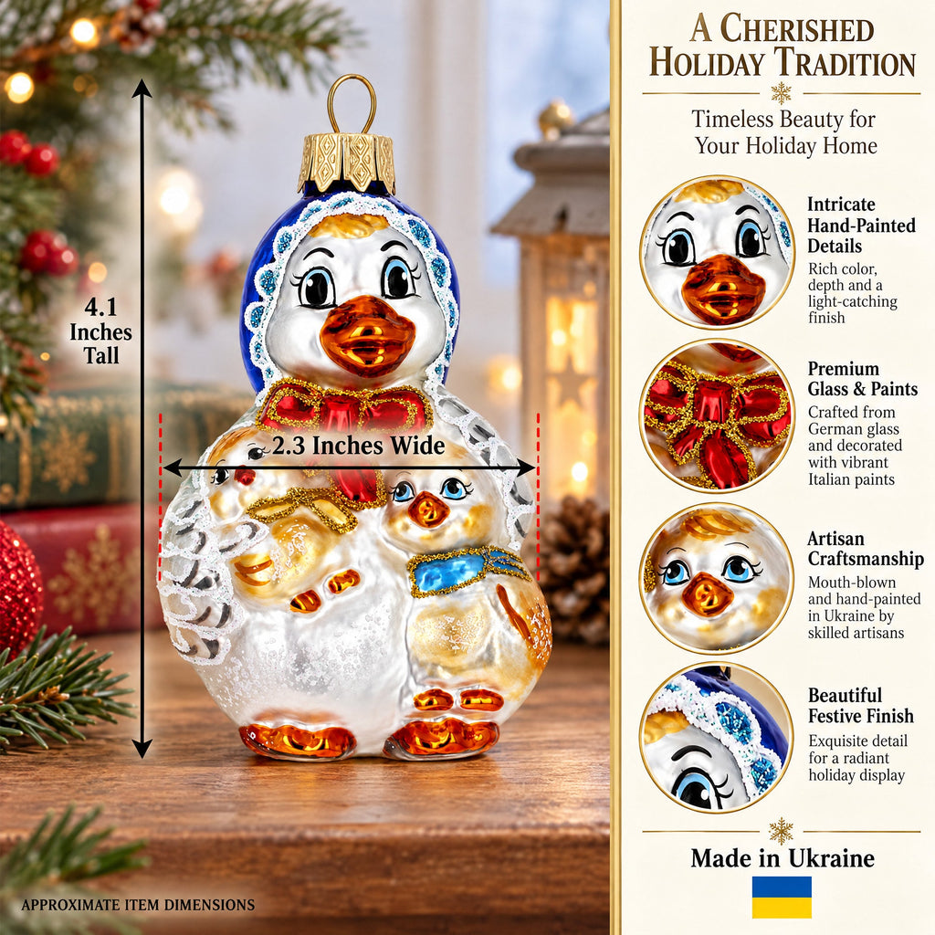 Mother Goose with Ducklings Glass Christmas Ornament