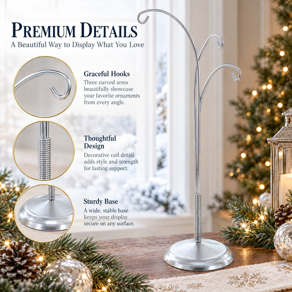 3-Arm Botanical Style Silver Metal Ornament Display Stand 12 Inches