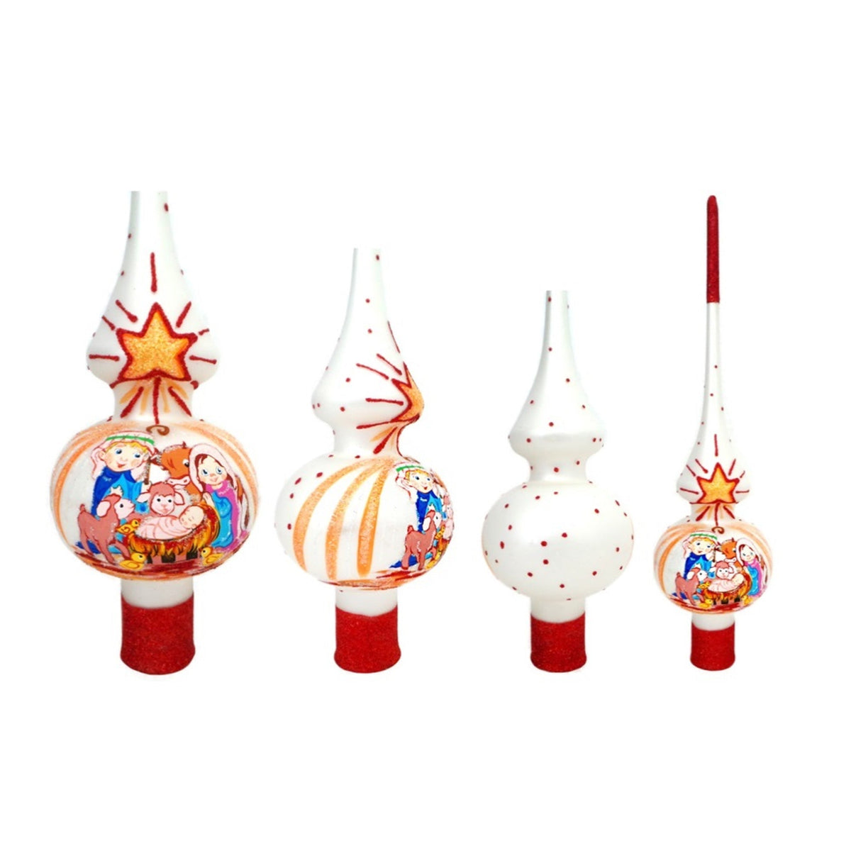 Children Nativity Scene on White Glass Christmas Tree Topper 11 Inches