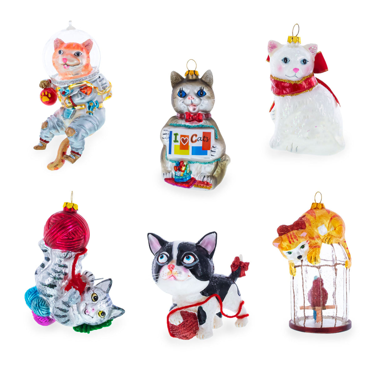 Cat on Birdcage with Parrot Glass Christmas Ornament