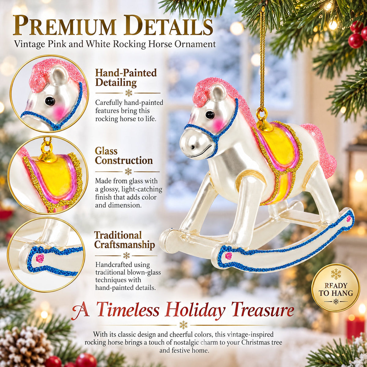 Vintage Pink and White Rocking Horse Glass Christmas Ornament