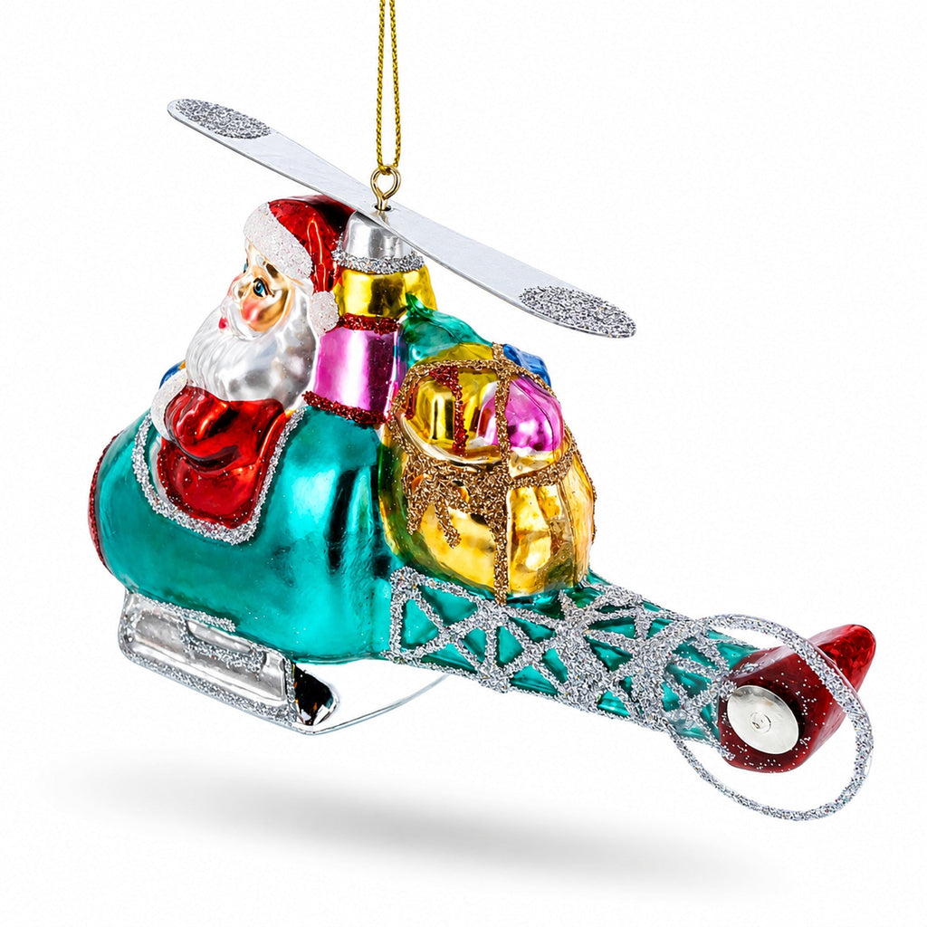 Santa’s Gift Delivery Helicopter Glass Christmas Ornament