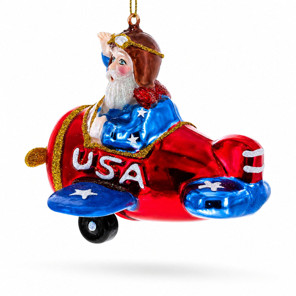 Pilot Santa in Airplane Glass Christmas Ornament
