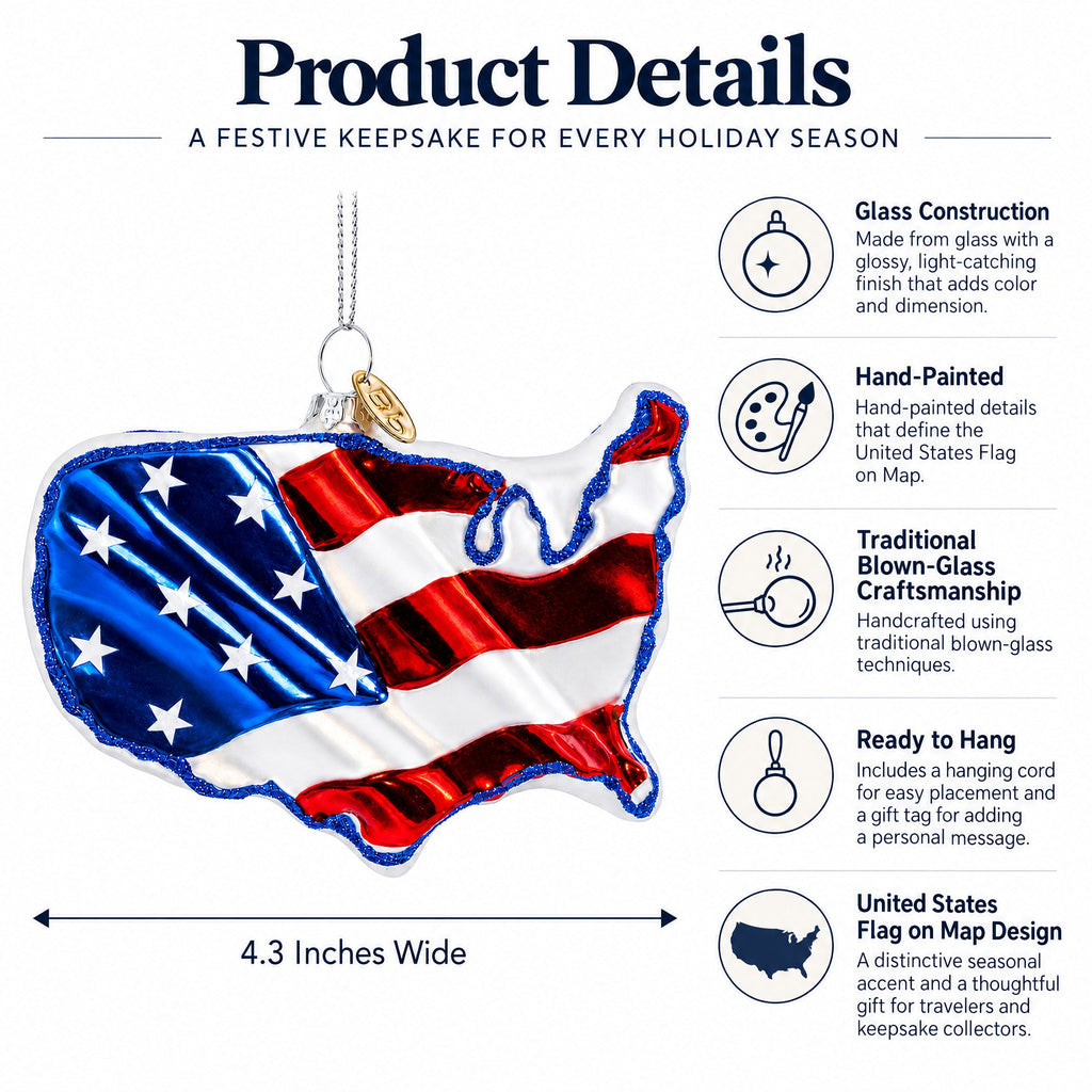 United States Flag on Map Glass Christmas Ornament