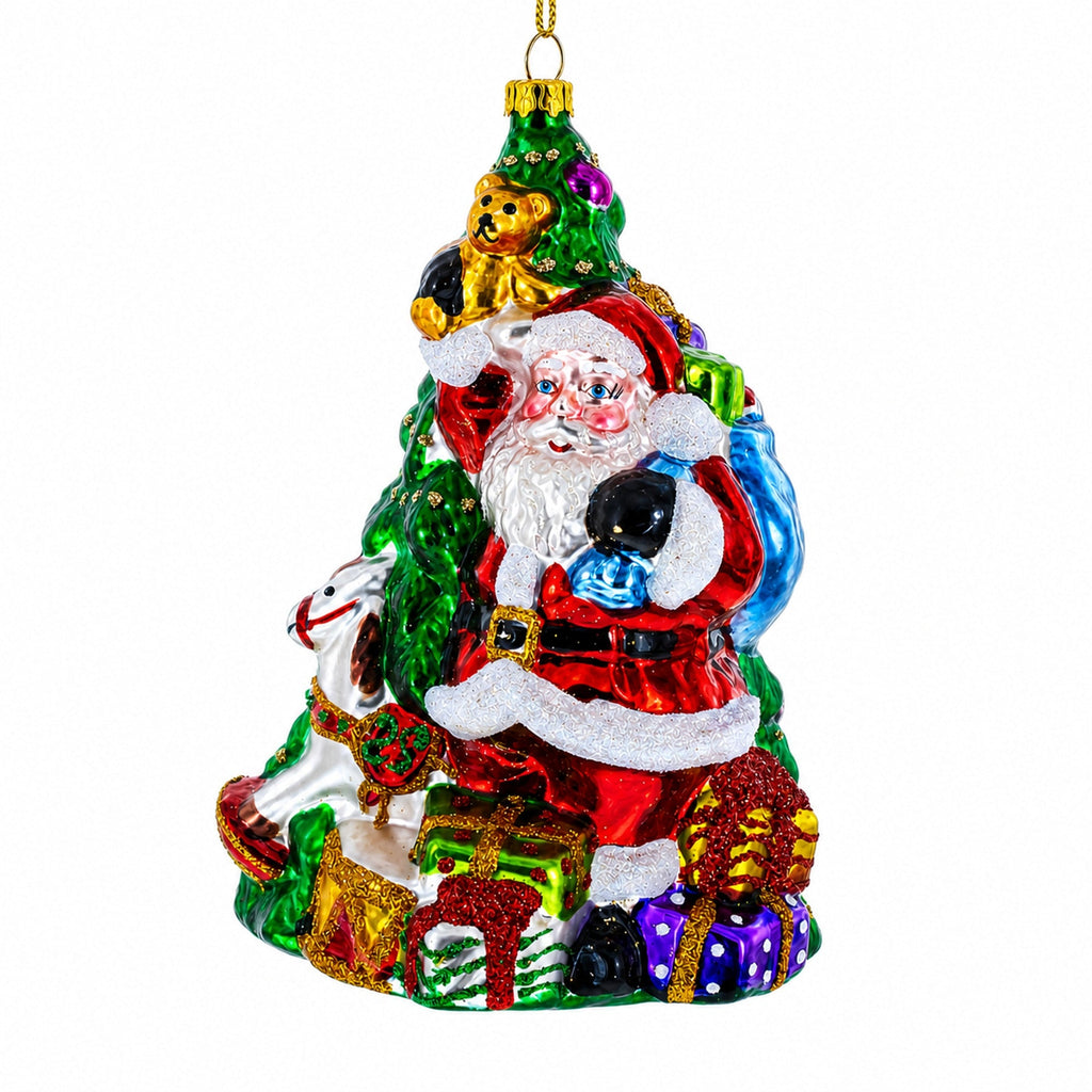 Santa with Christmas Tree and Gifts Glass Ornament