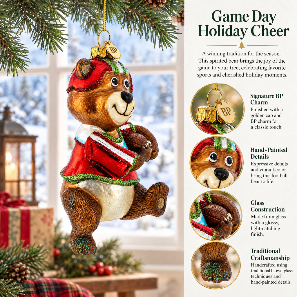 Bear Engaged in Football Glass Christmas Ornament