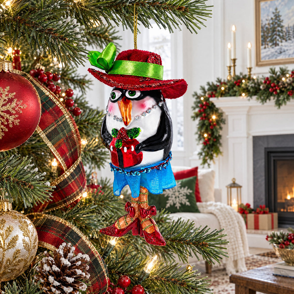 Stylish Penguin Glass Christmas Ornament