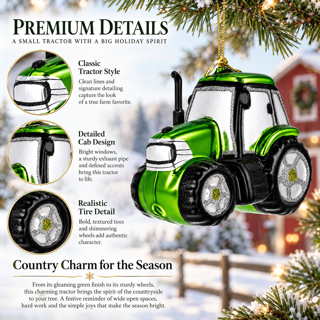 Rustic Green Tractor Glass Christmas Ornament