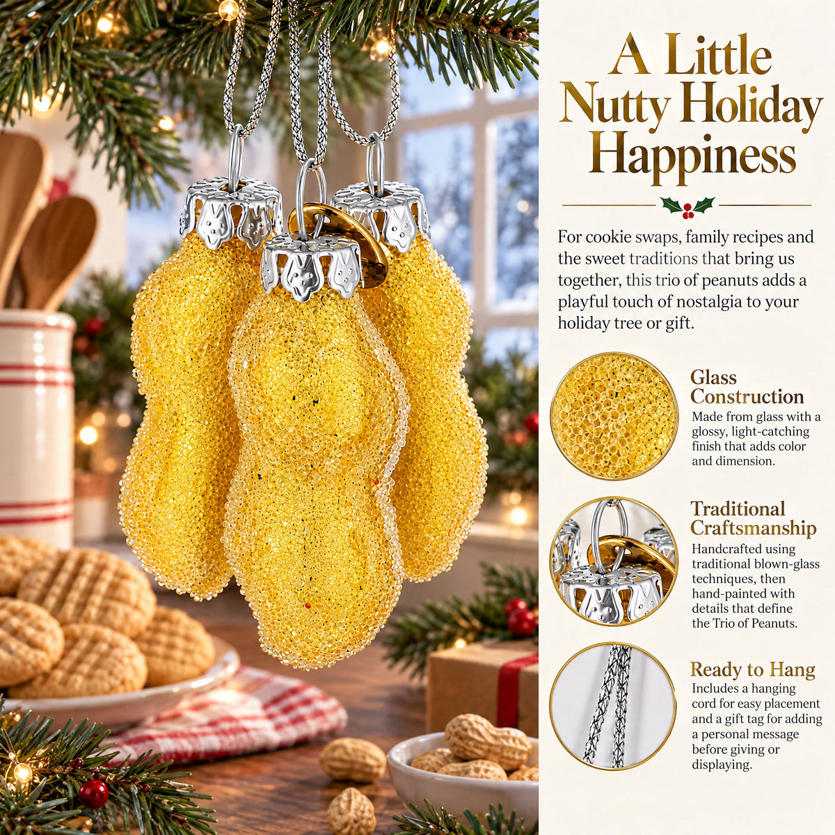 Trio of Peanuts Glass Christmas Ornament