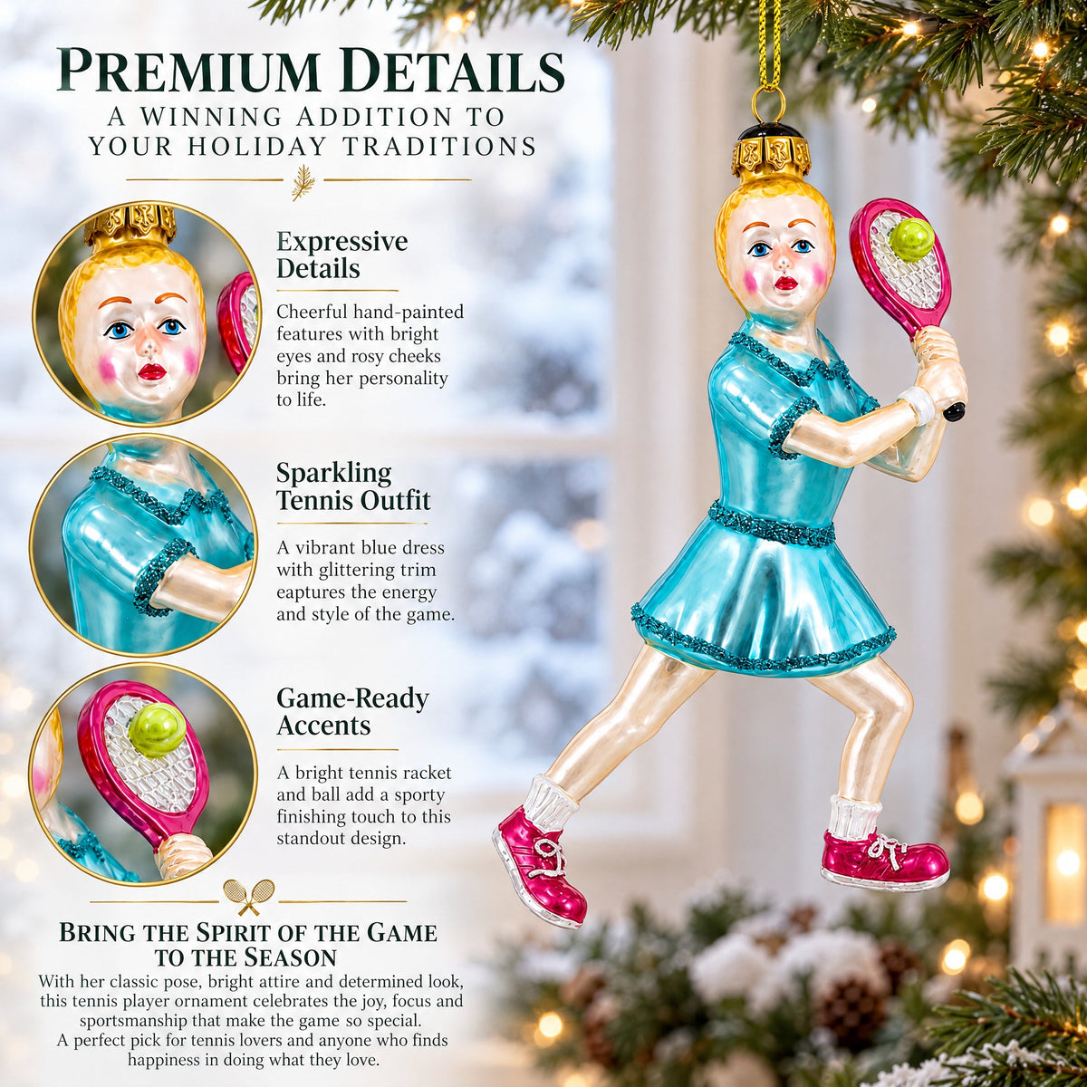 Athletic Girl Playing Tennis Glass Christmas Ornament