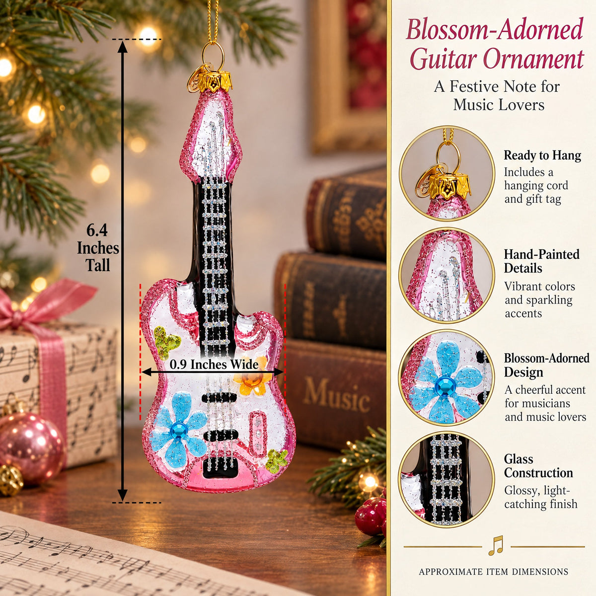 Blossom-Adorned Guitar Glass Christmas Ornament