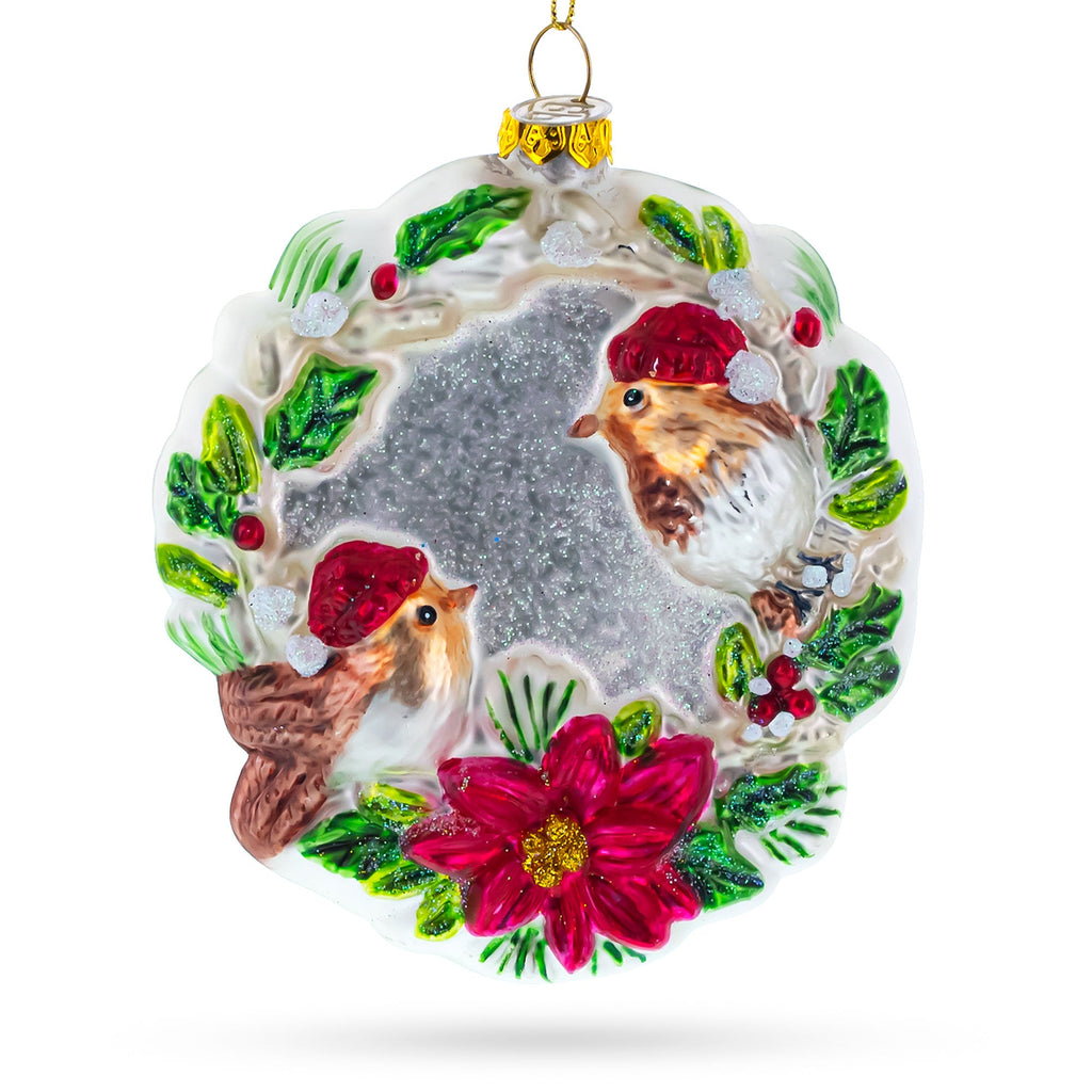Birds on a Wreath Glass Christmas Ornament