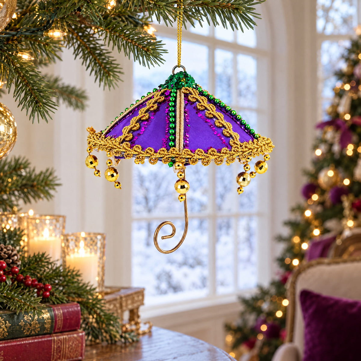 Whimsical Purple Umbrella with Beaded Accents Christmas Ornament