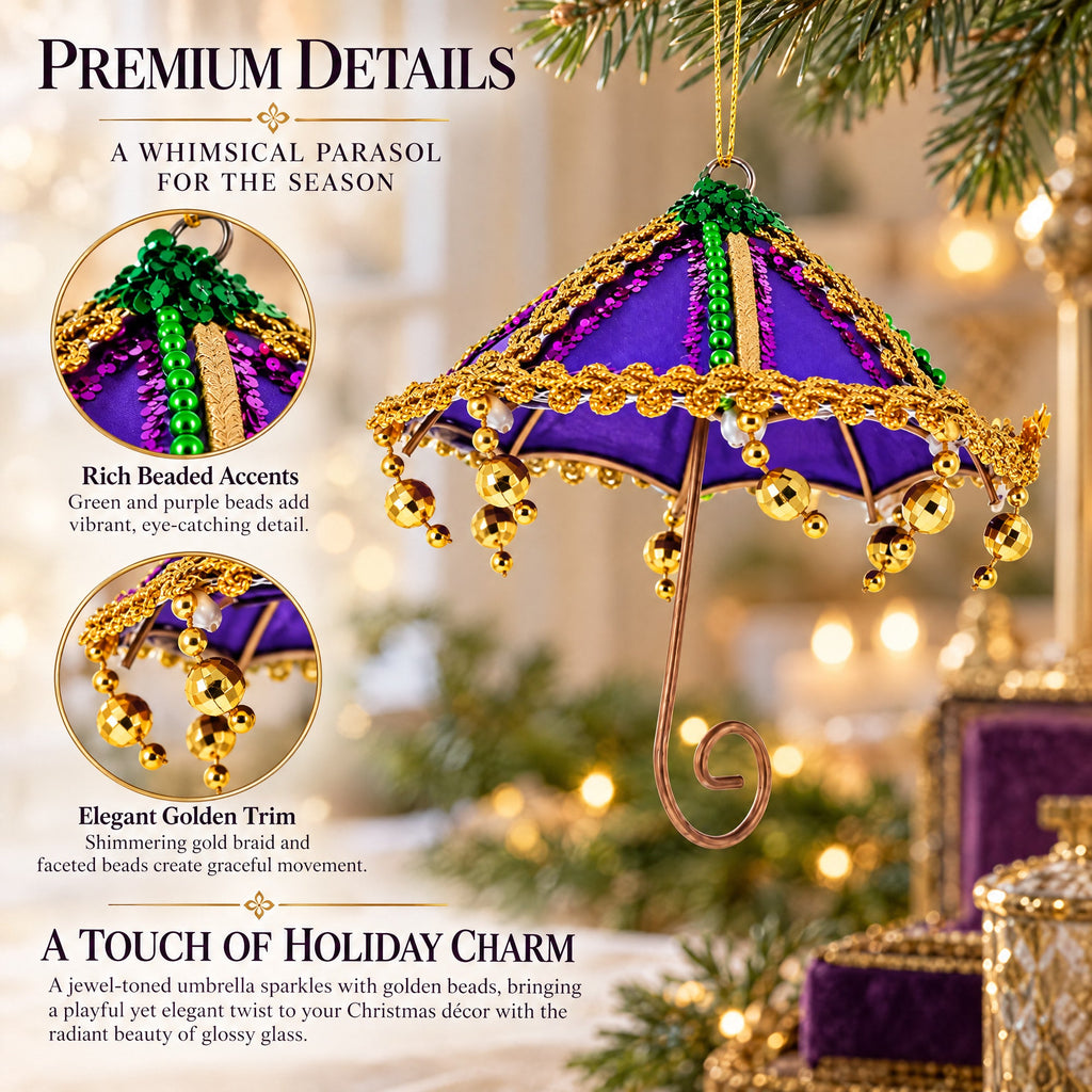 Whimsical Purple Umbrella with Beaded Accents Christmas Ornament