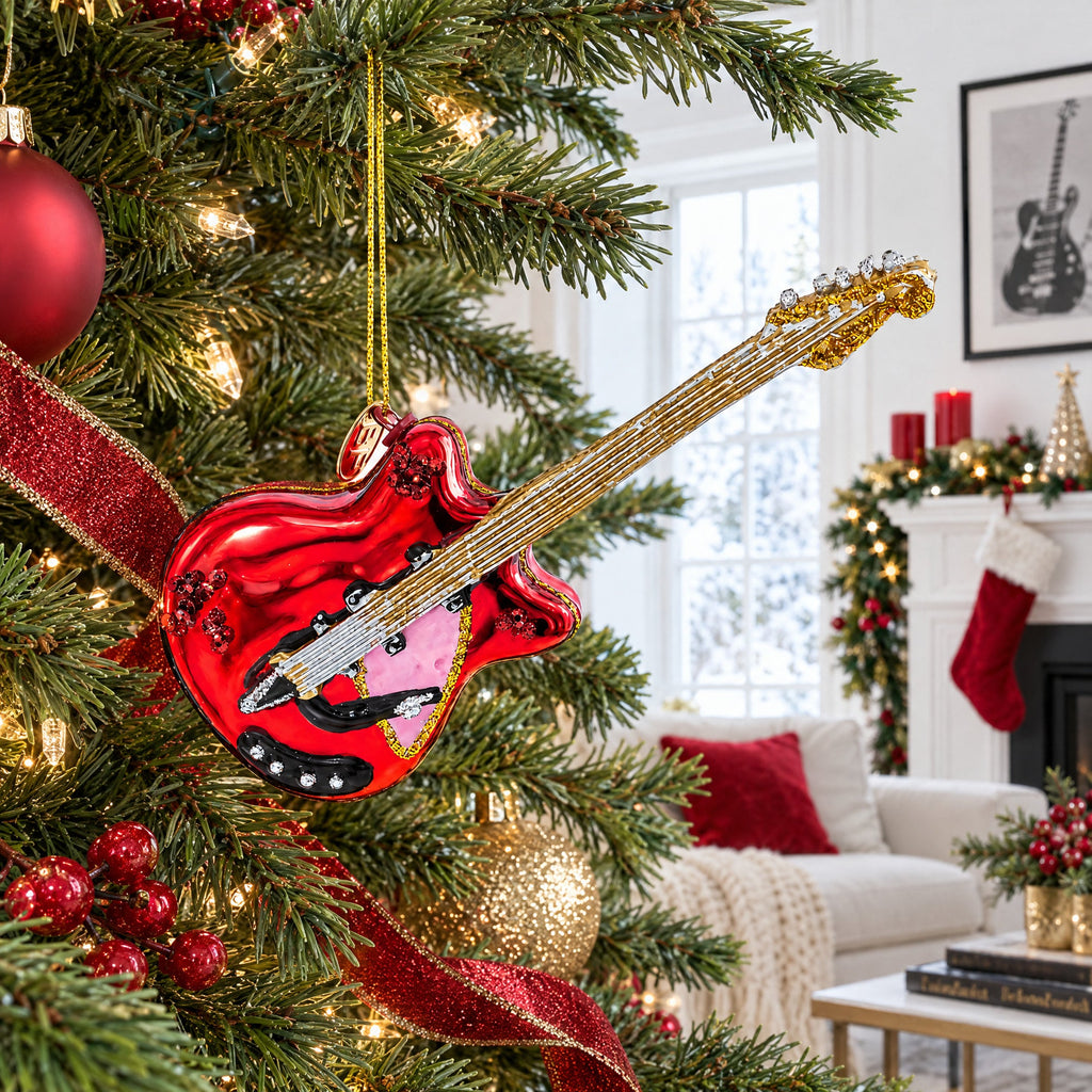 Red Electric Guitar Glass Christmas Ornament
