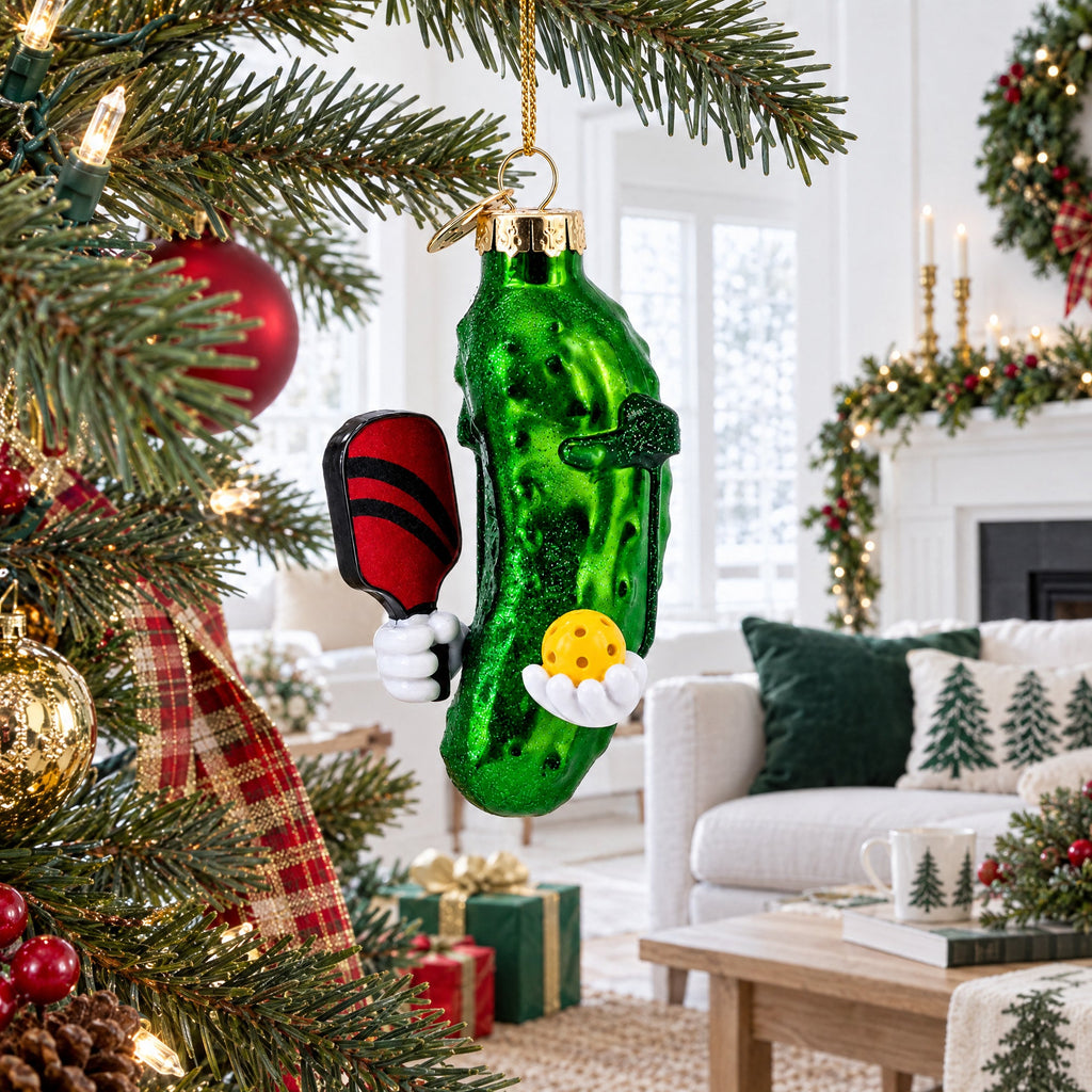 Whimsical Pickleball Pickle Glass Christmas Ornament
