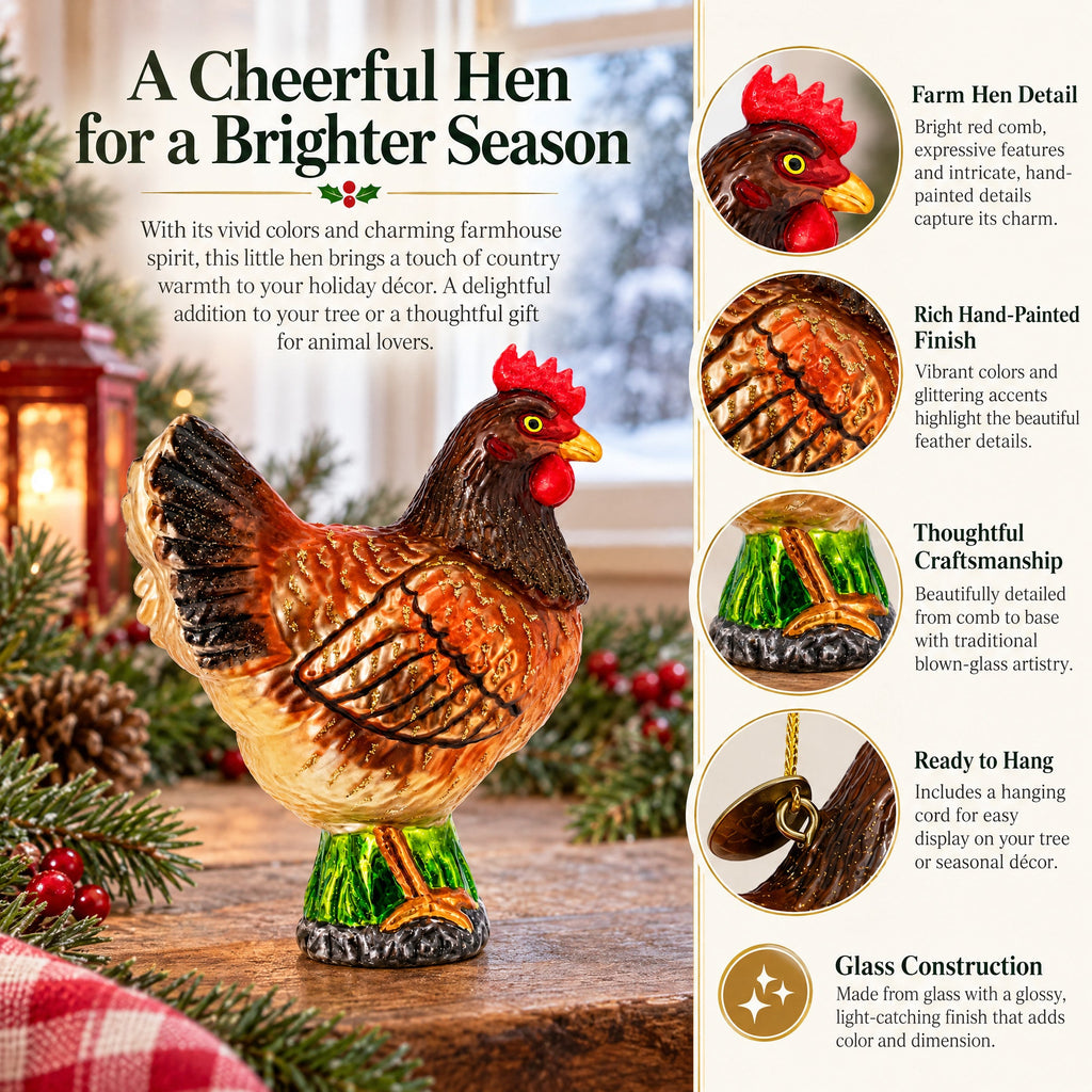 Farm Hen Chicken With Red Comb Glass Christmas Ornament