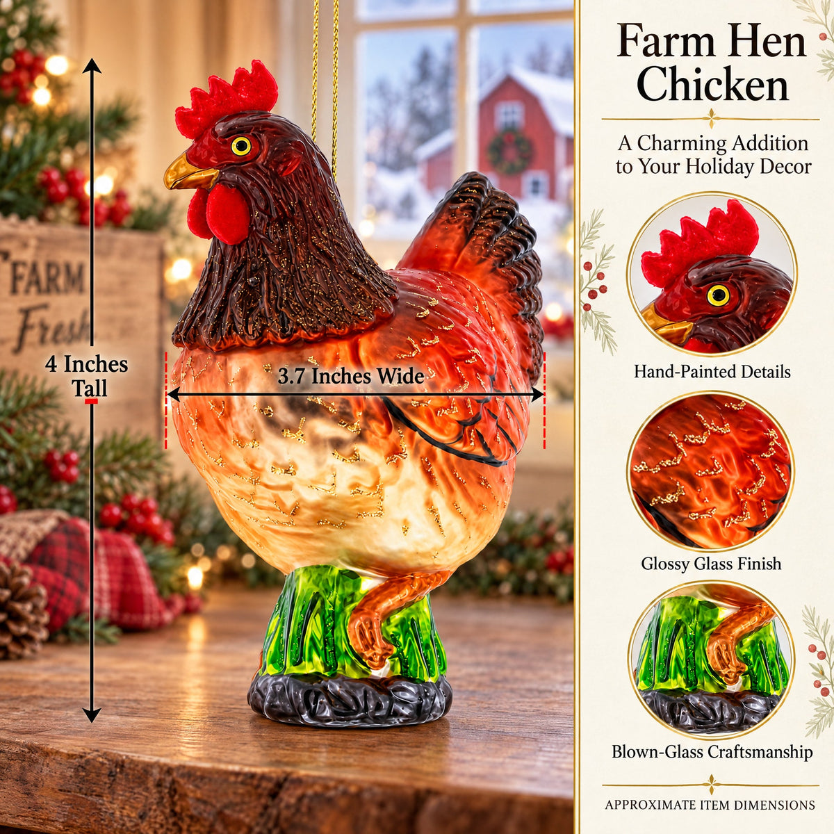 Farm Hen Chicken With Red Comb Glass Christmas Ornament