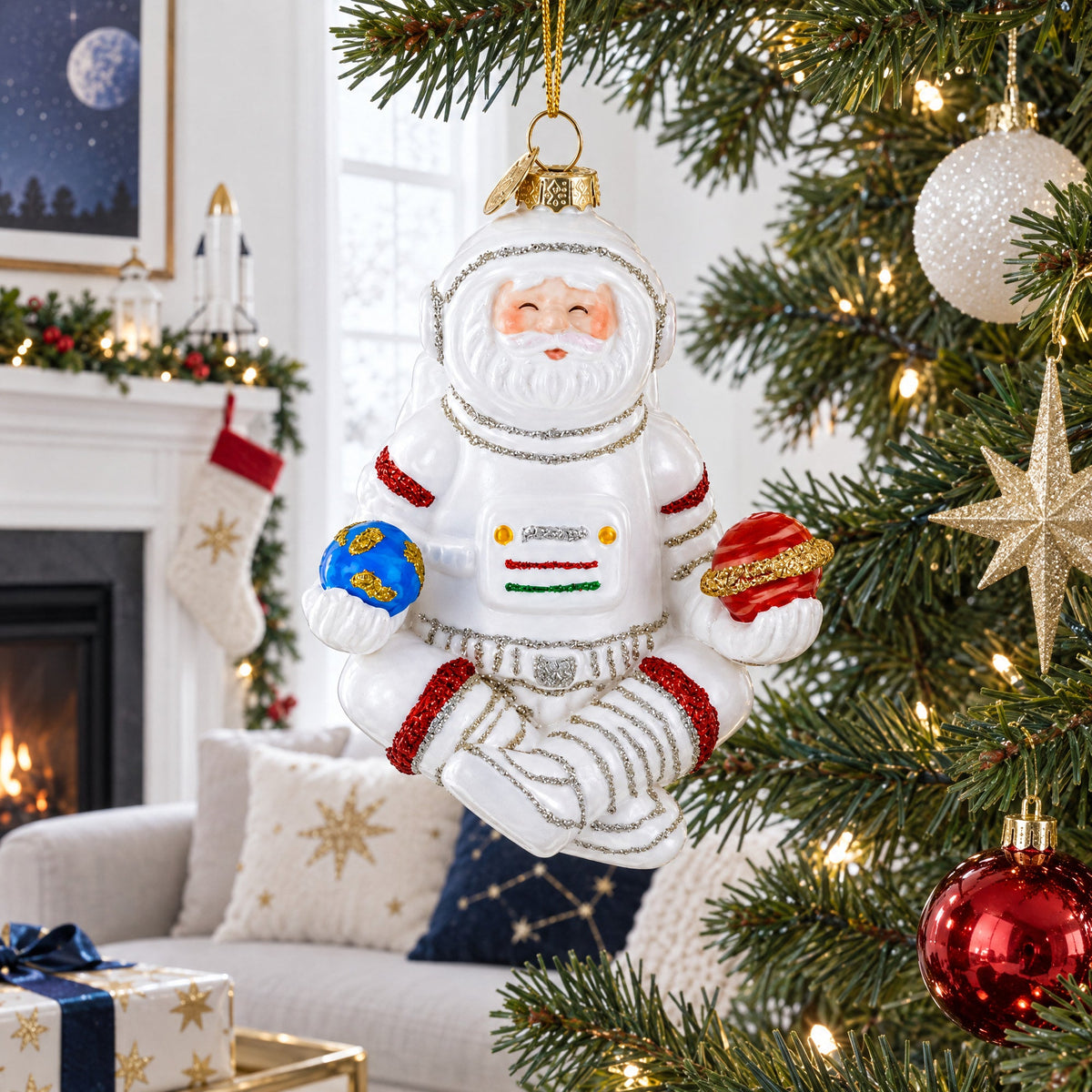 Santa Astronaut Glass Christmas Ornament