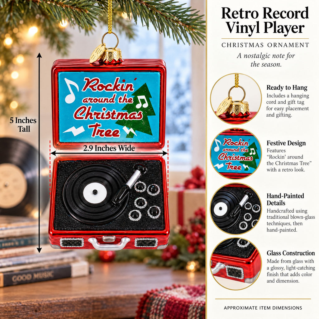 Retro Record Vinyl Player Glass Christmas Ornament