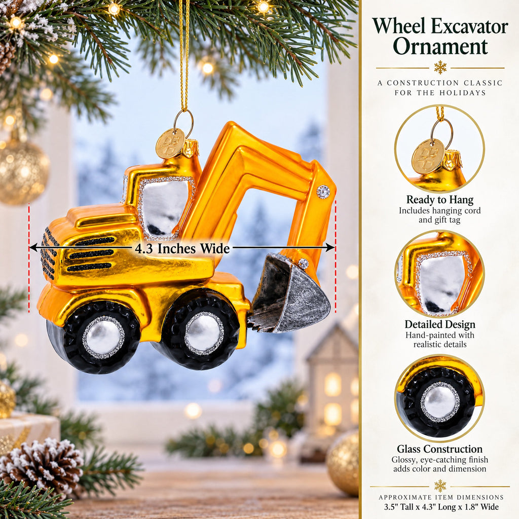 Wheel Excavator Construction Vehicle Glass Christmas Ornament