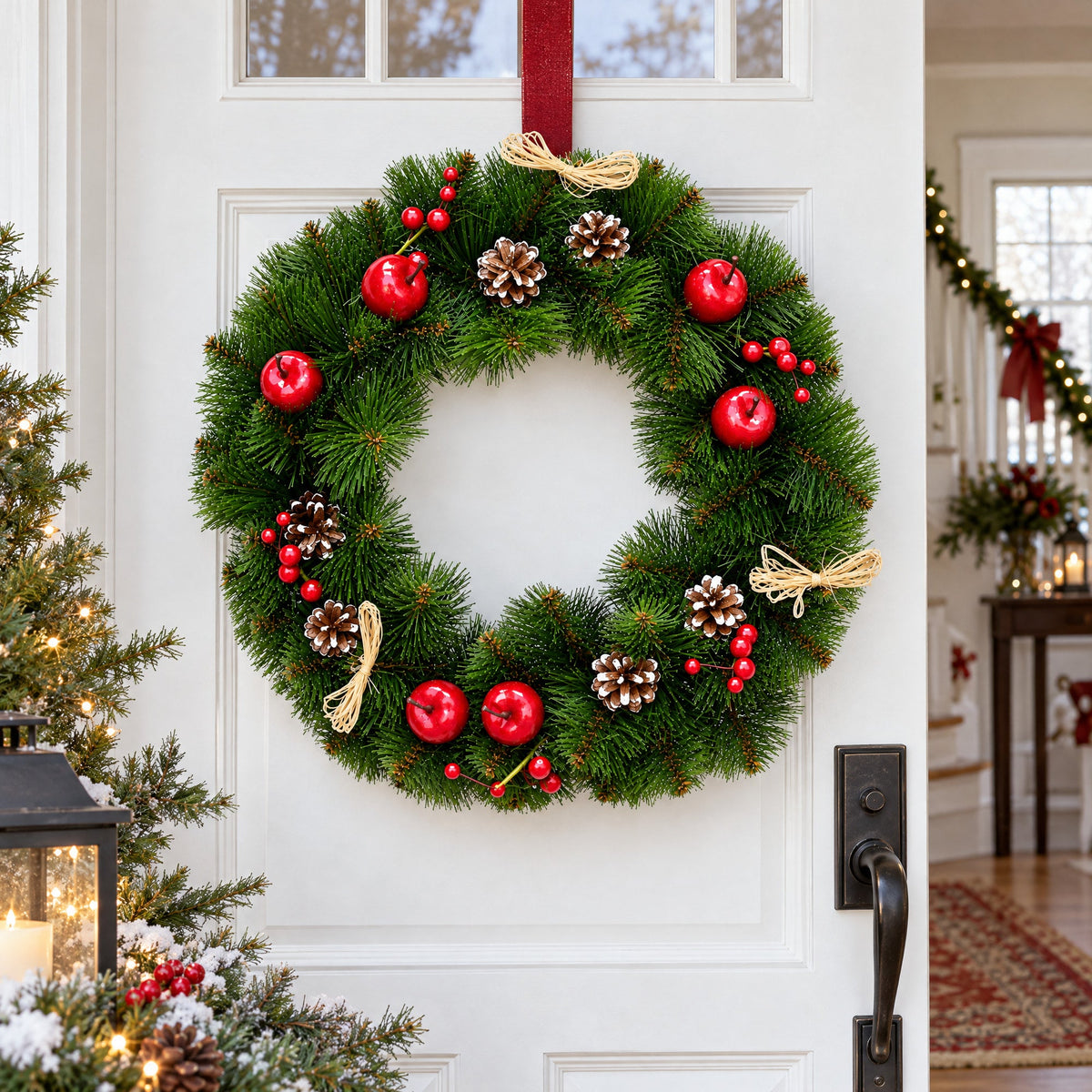 Ukrainian Christmas Wreath with Frosted Straw Bows, Apples & Pine Cones 20 Inches