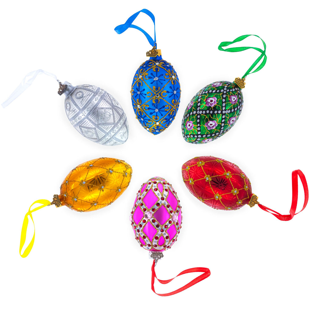American Art Nouveau Jeweled Double Heart Pendant Glass Egg Christmas Ornament 4 Inches