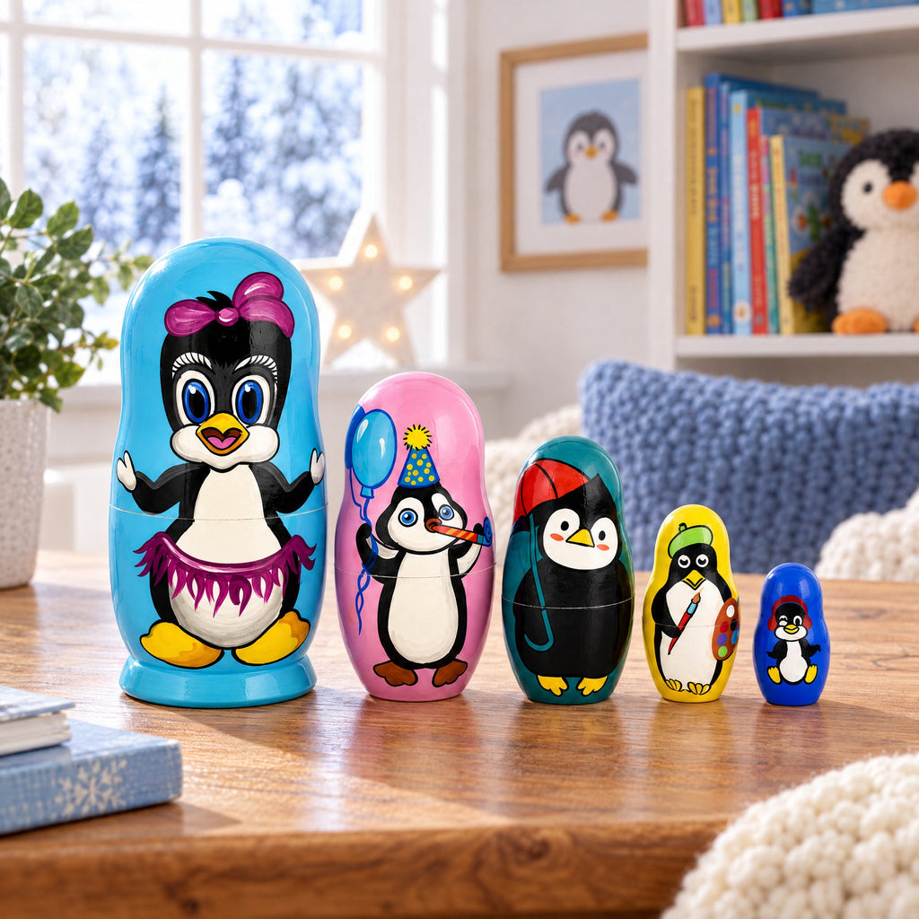 Set of 5 Penguins Wooden Nesting Dolls 6 Inches