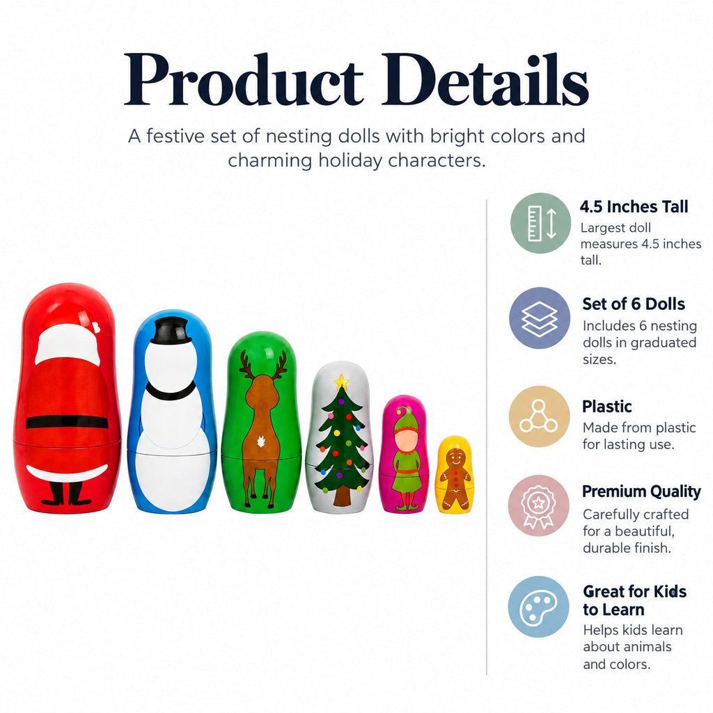 6 Plastic Nesting Dolls - Santa, Snowman, Reindeer, Tree, Elf & Gingerbread