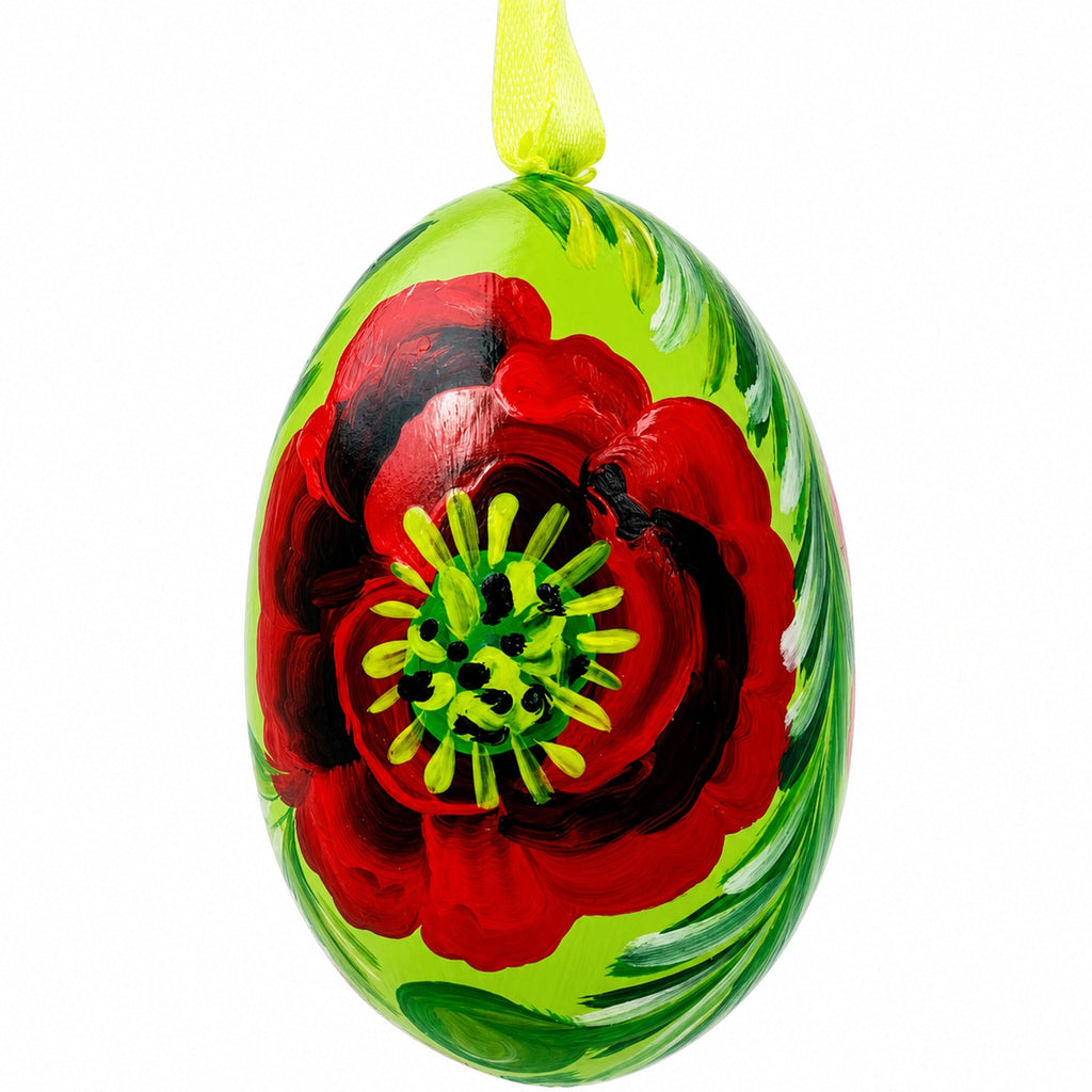 Red Flowers on Green Wooden Egg Easter Ornament 3 Inches